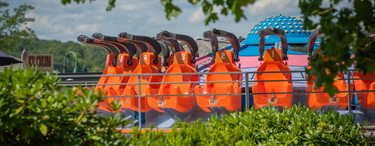 Closeup of empty seats from a spinning, high thrill ride