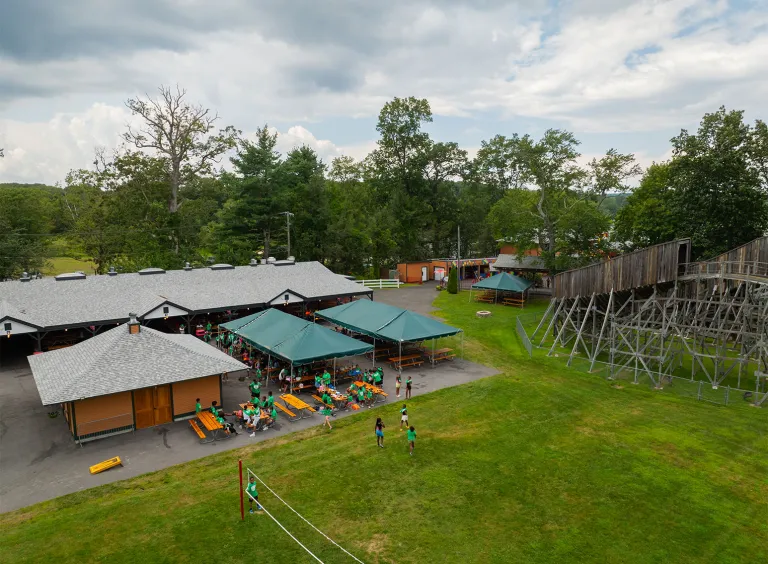 Aerial shot of Quassy Fieldside Catering, showing pavilions
