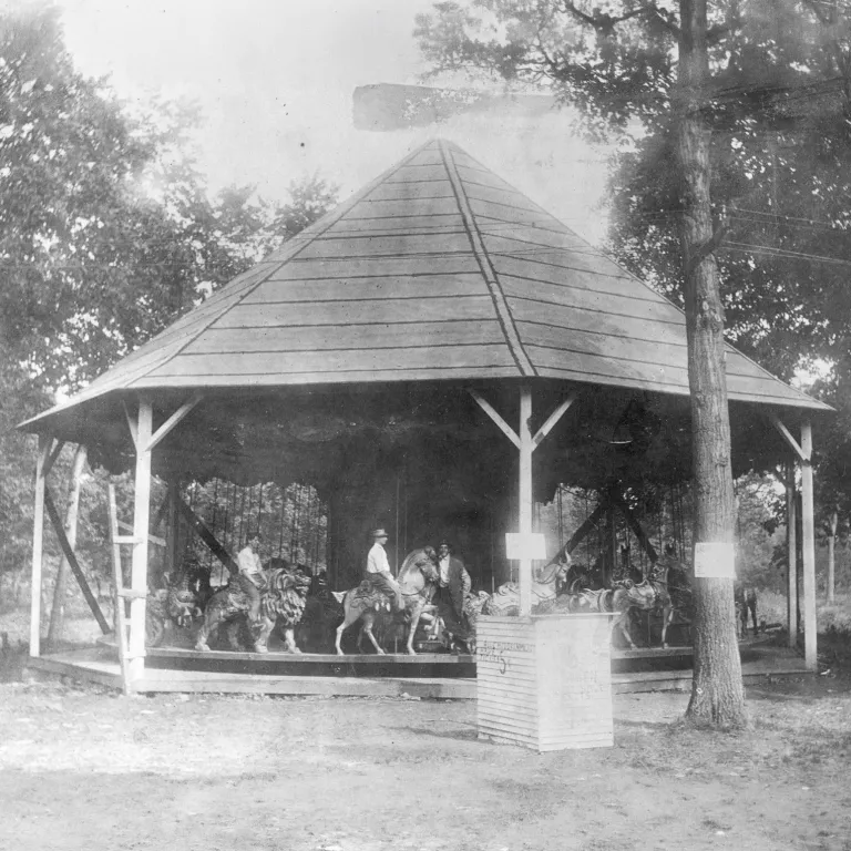 Historical, black and white photo of the original Quassy Carousel