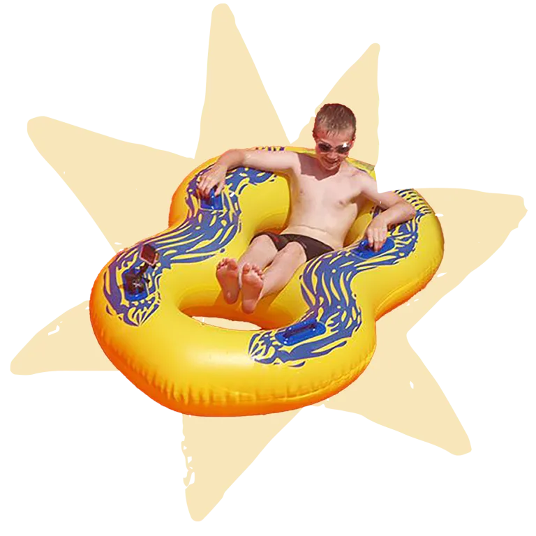 Stylized image of child sitting in raft tube for waterpark with starbust shape in background