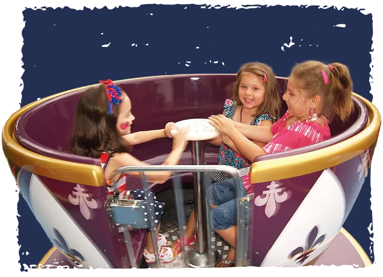 Stylized image of three children sitting and spinning together in Teacup ride